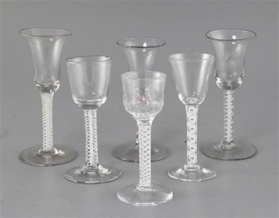 Three English opaque twist stem cordial glasses, mid 18th century, 14cm - 15cm